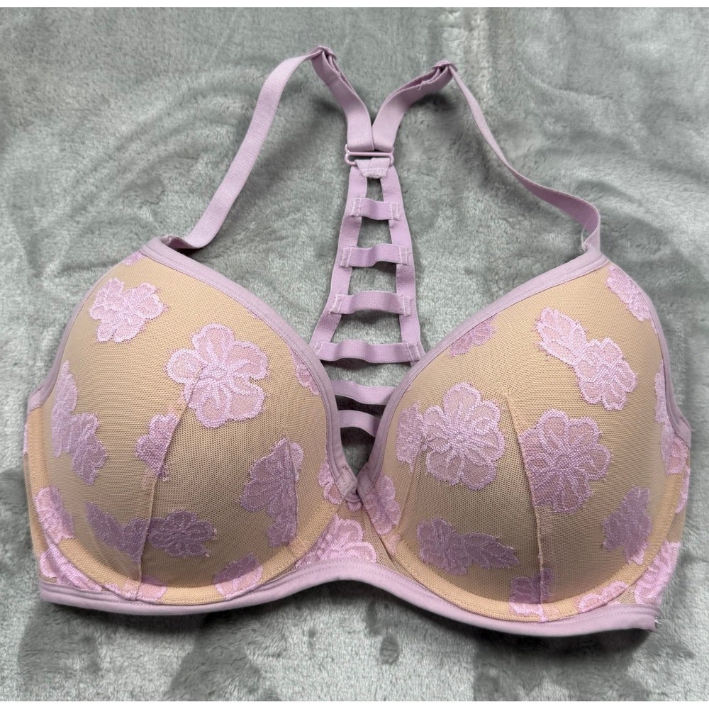 Victorias Secret PINK Lightly Lined Pink Hibiscus Lace Cage Back Bra 34DD